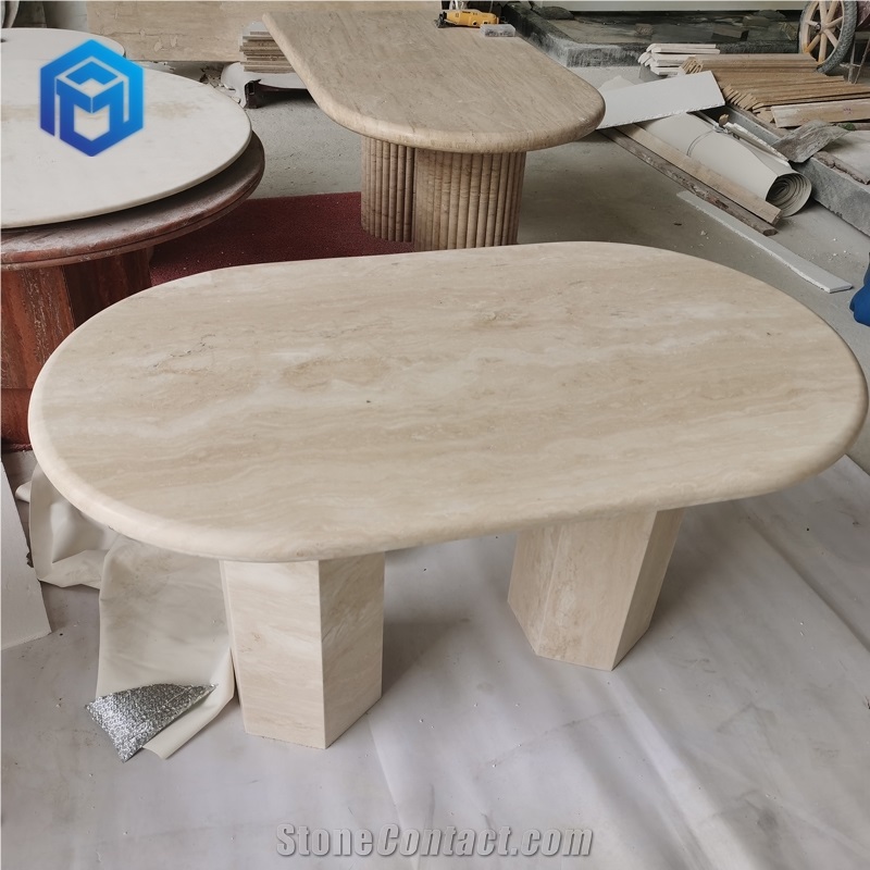 Nordic Style Oval Shape White Travertine Dining Table