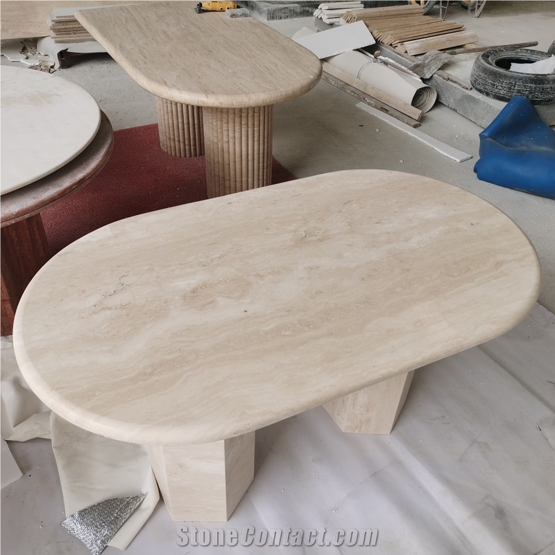Nordic Style Oval Shape White Travertine Dining Table