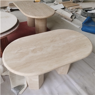 Nordic Style Oval Shape White Travertine Dining Table