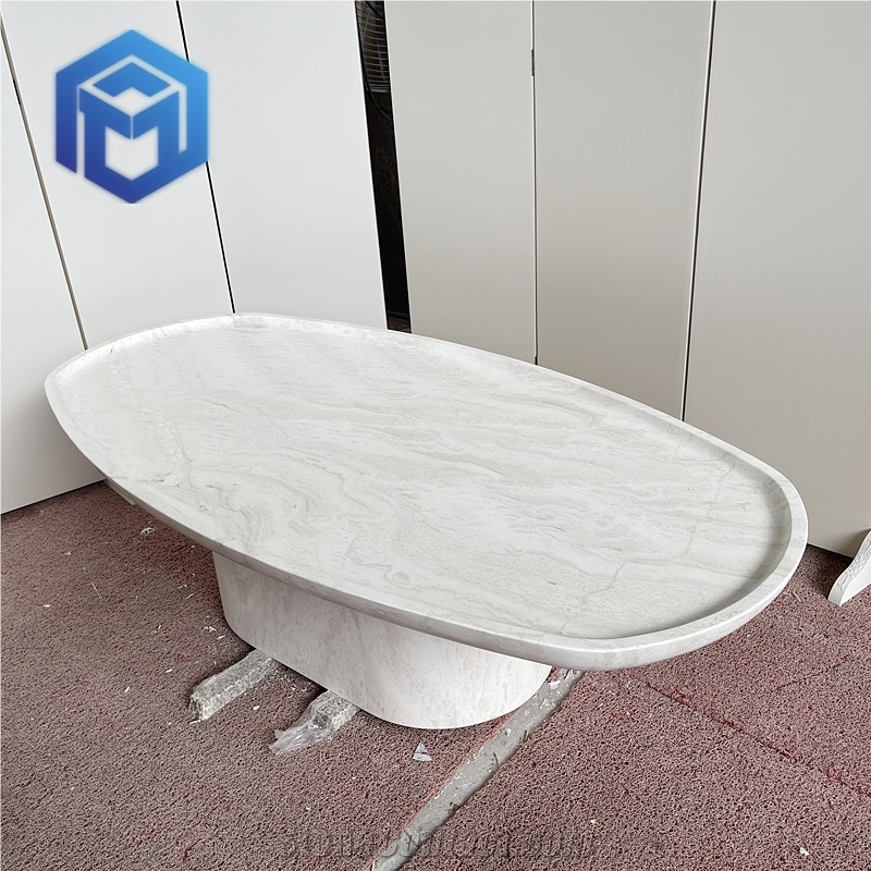 Oval Shaped Simple Style White Travertine Coffee Table