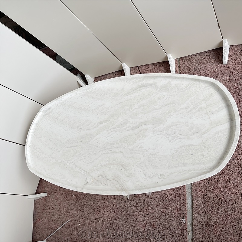 Oval Shaped Simple Style White Travertine Coffee Table