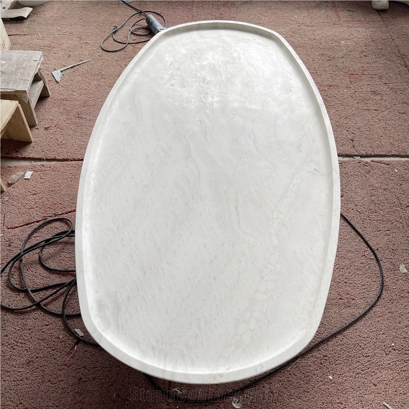 Oval Shaped Simple Style White Travertine Coffee Table