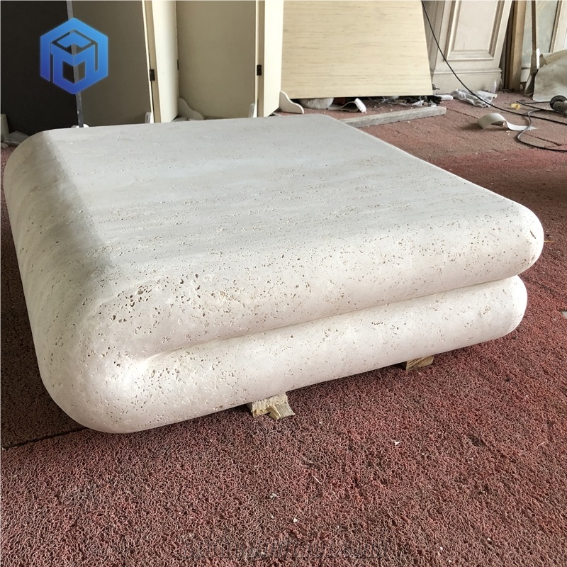 Quilt-Shaped Edges White Travertine Coffee Table