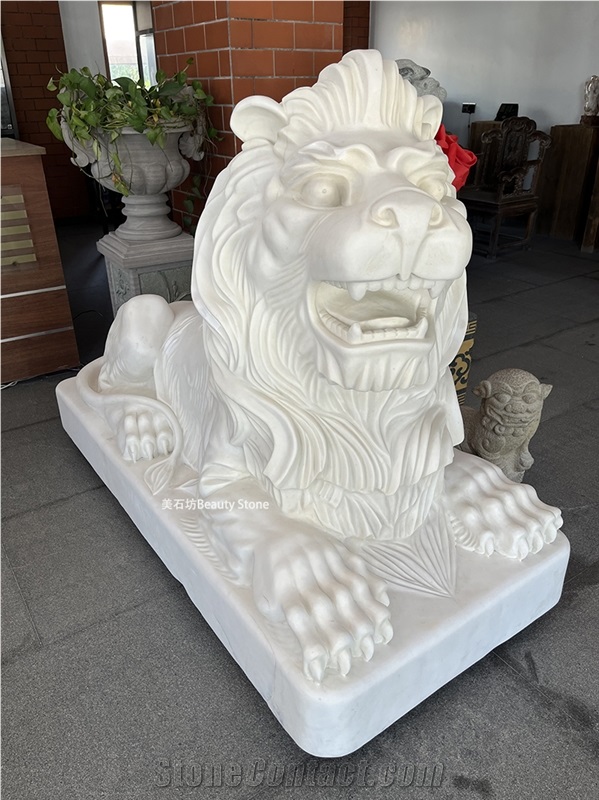 China White Marble Lion Guardian Sculpture