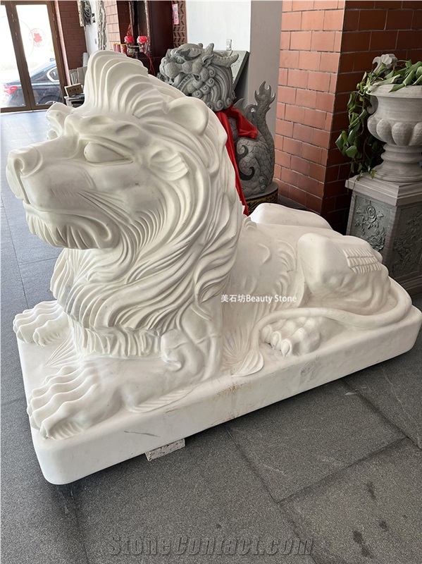 China White Marble Lion Guardian Sculpture
