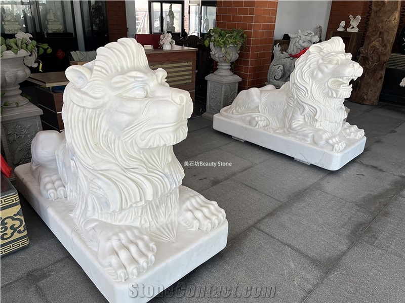 China White Marble Lion Guardian Sculpture