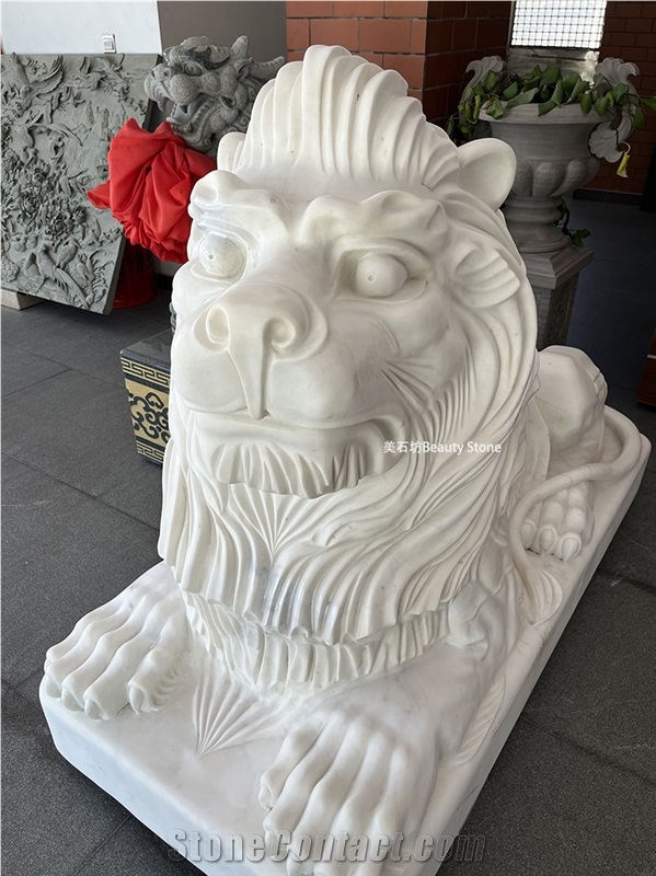 China White Marble Lion Guardian Sculpture
