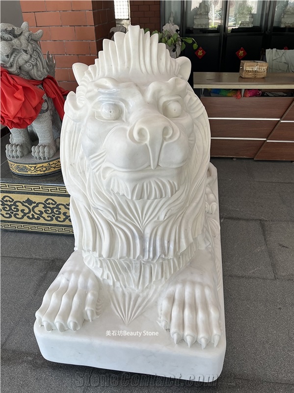 China White Marble Lion Guardian Sculpture
