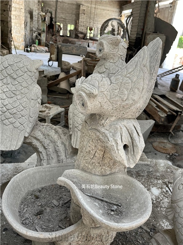 Sbrocaded Carp Fish And Owl Sculpture Granite