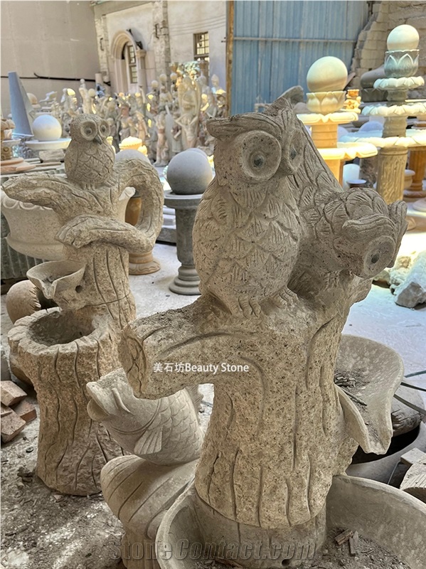 Sbrocaded Carp Fish And Owl Sculpture Granite