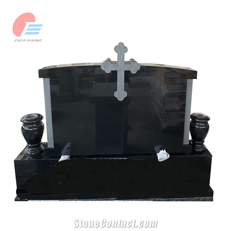Absolute Black Granite Monument With Sandblast Cross On Top