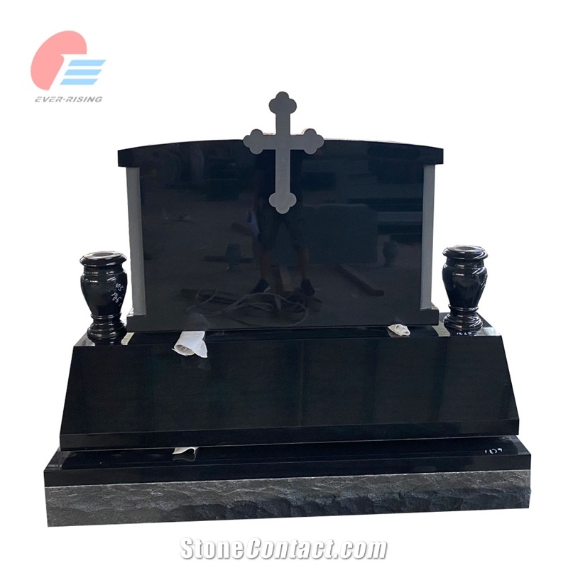 Absolute Black Granite Monument With Sandblast Cross On Top