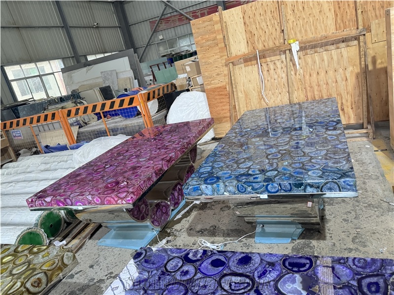 Backlit Agate Blue Dining Rectangle Solid Surface Table Tops