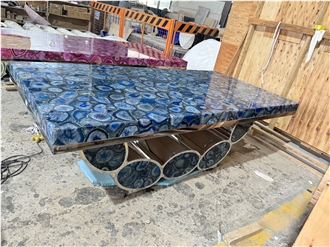 Backlit Agate Blue Dining Rectangle Solid Surface Table Tops
