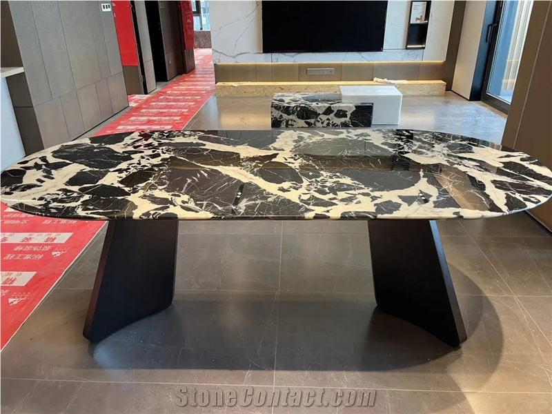 HRST Black Noir Grand Antique Marble Dining Table On Sale