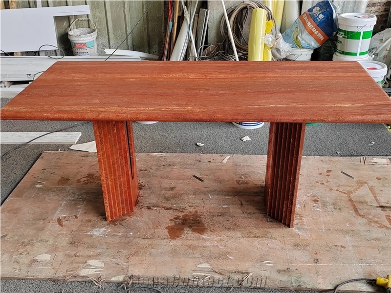 HRST Nature Red Travertine Stone Dining Table Living Room