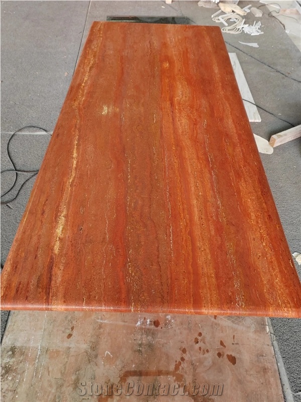 HRST Nature Red Travertine Stone Dining Table Living Room