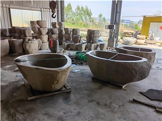 SPA  Tub Custom Design Hainan Grey Basalt River Stone Bathtubs For Resorts