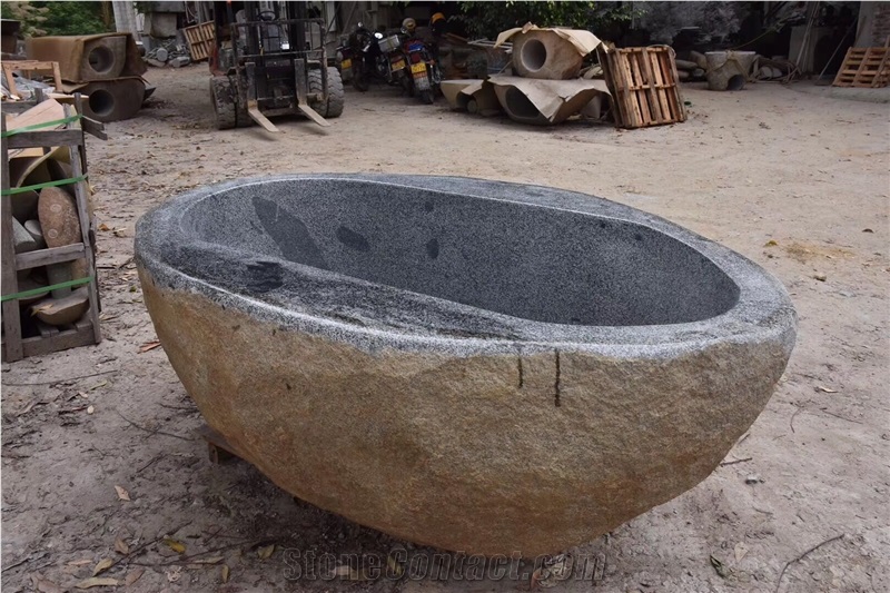 SPA  Tub Custom Design Hainan Grey Basalt River Stone Bathtubs For Resorts