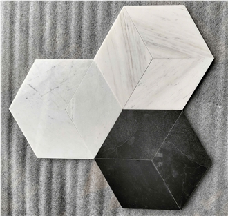 Honed Wooden White Marble + Black Marble Mosaic Tiles