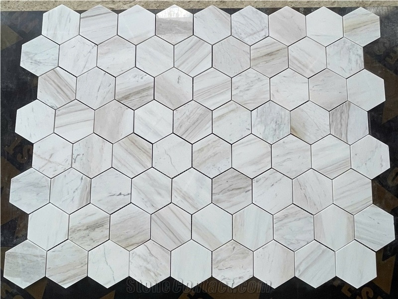 Polished Wooden White Marble Hexagon Mosaic Tiles