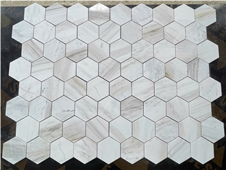 Polished Wooden White Marble Hexagon Mosaic Tiles
