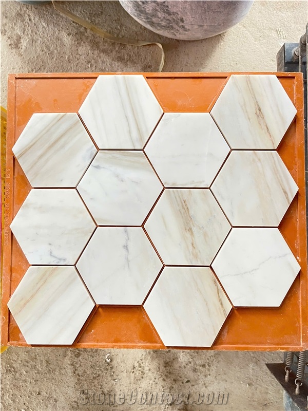 Polished Wooden White Marble Hexagon Mosaic Tiles