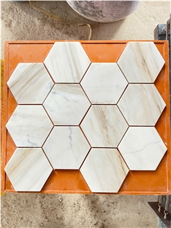 Polished Wooden White Marble Hexagon Mosaic Tiles