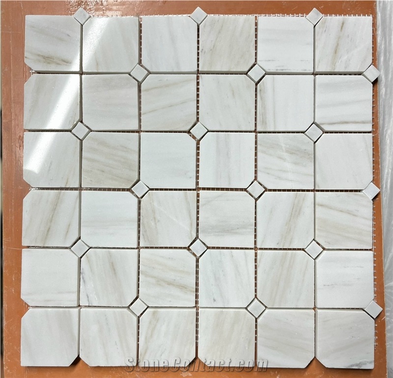 Polished Wooden White Marble Hexagon Mosaic Tiles