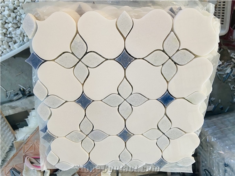 White Marble And Azul Macaubas Quartzite Mosaic Tiles