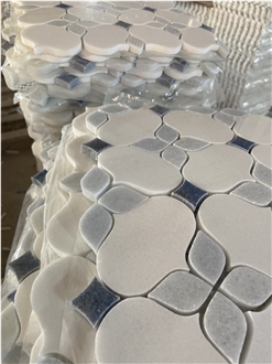 White Marble And Azul Macaubas Quartzite Mosaic Tiles
