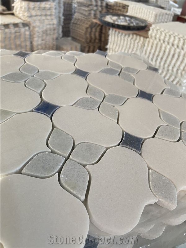 White Marble And Azul Macaubas Quartzite Mosaic Tiles