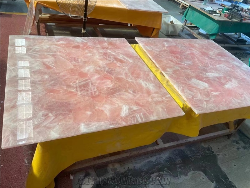 Pink Crystal Semiprecious Stone Coffee Table Tops