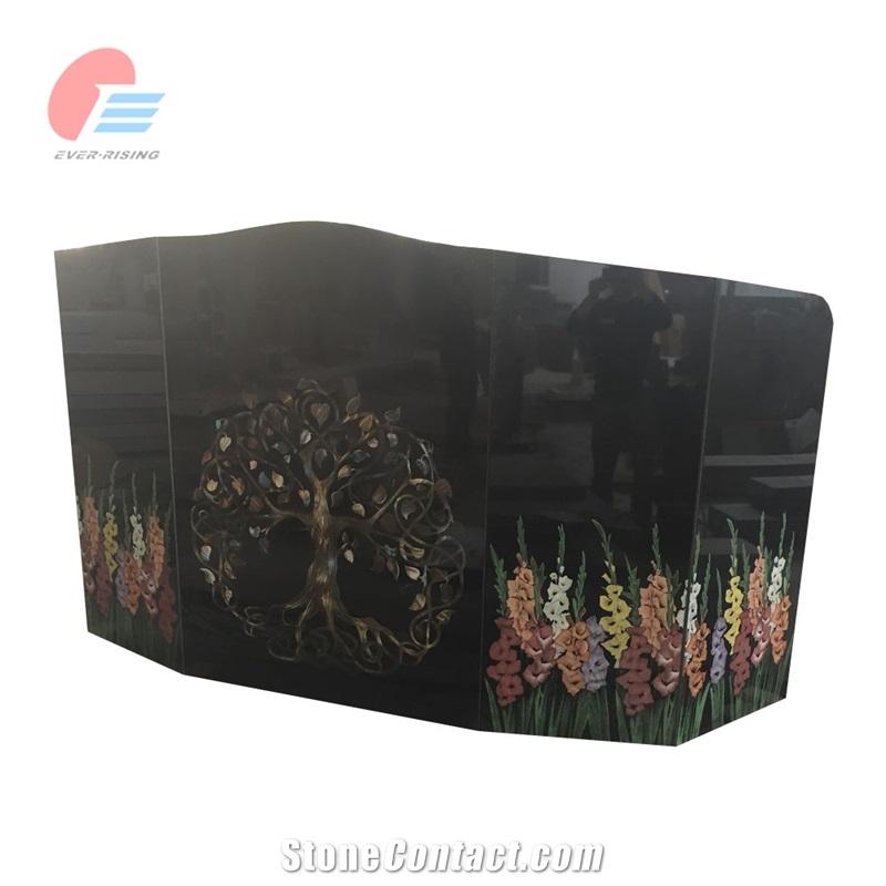 Black Granite Monument With Rose Carving And Etching Flowers