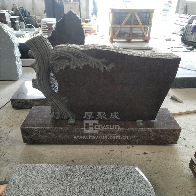 Tan Brown Granite Carved Tree Trunk Double Monument