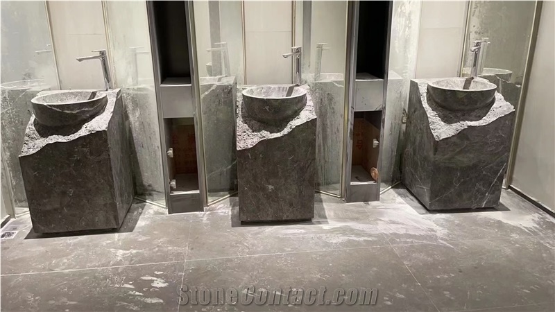 Grey Marble Natural Split Surface Stone Sink Pedestal