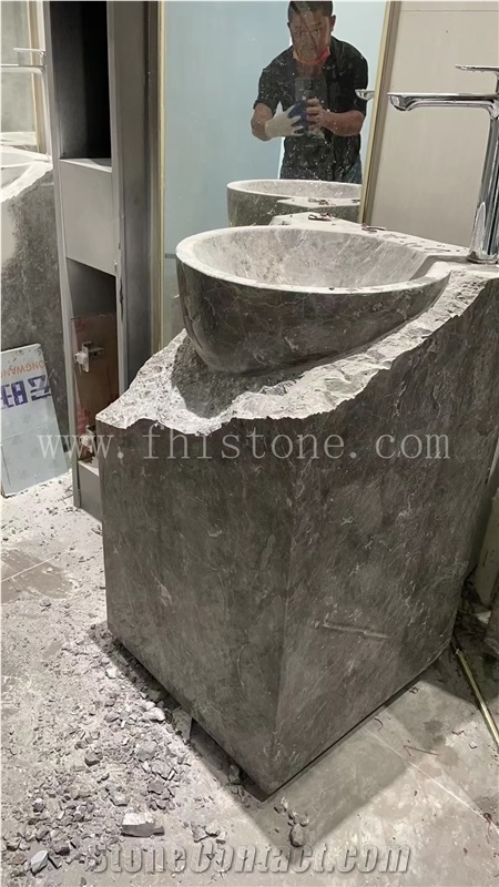 Grey Marble Natural Split Surface Stone Sink Pedestal