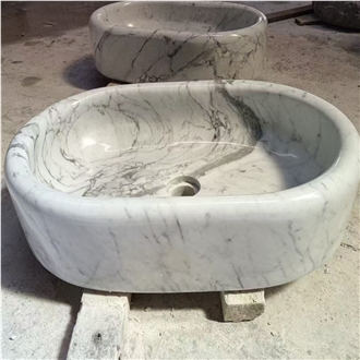 White Marble Stone Oval Shape Home Decor Wash Basin Bathroom