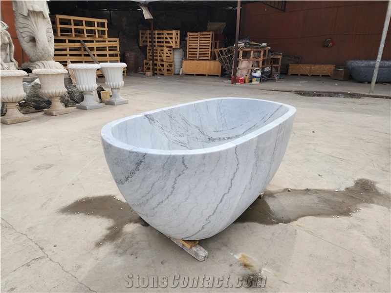 Wholesale Stock Kara Grey White Marble Freestanding Bathtub