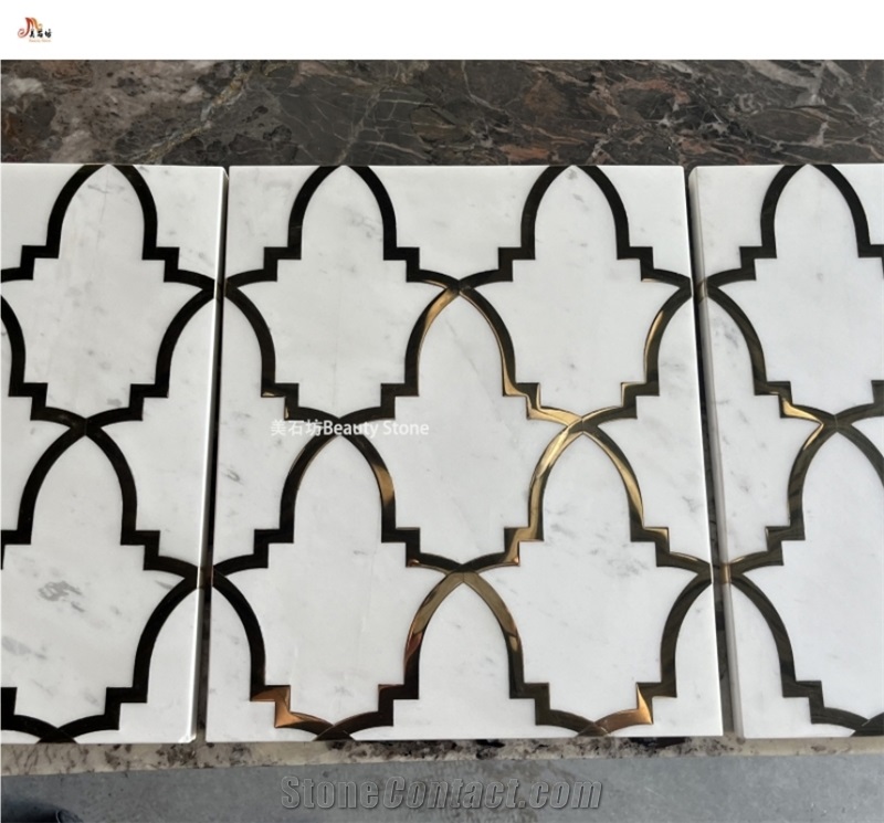 Ariston White Marble Inlay Brass Waterjet Medallions Pattern Wall Tile