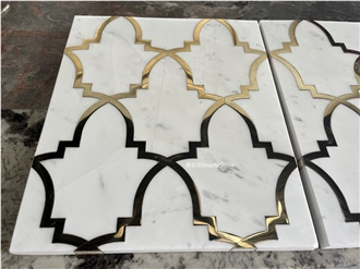 Ariston White Marble Inlay Brass Waterjet Medallions Pattern Wall Tile