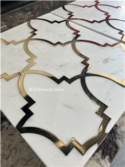 Ariston White Marble Inlay Brass Waterjet Medallions Pattern Wall Tile