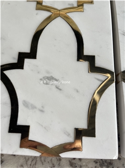 Ariston White Marble Inlay Brass Waterjet Medallions Pattern Wall Tile