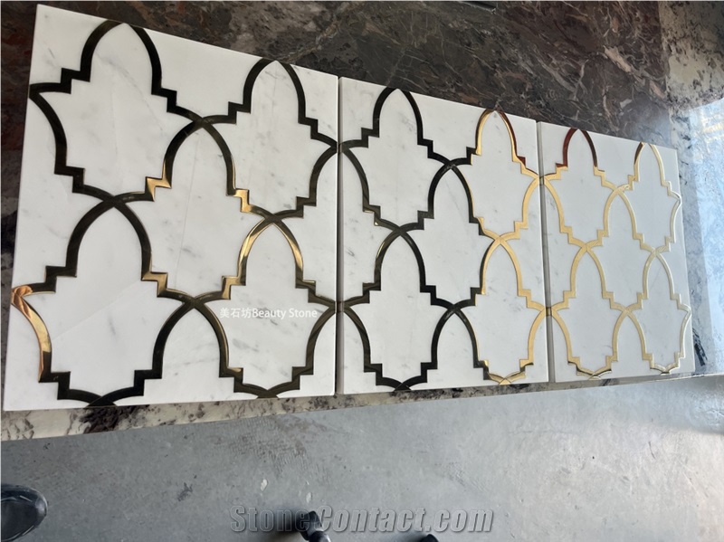 Ariston White Marble Inlay Brass Waterjet Medallions Pattern Wall Tile
