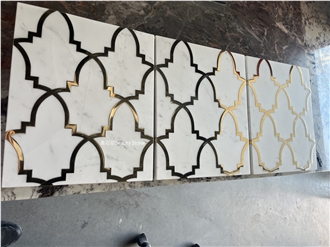 Ariston White Marble Inlay Brass Waterjet Medallions Pattern Wall Tile