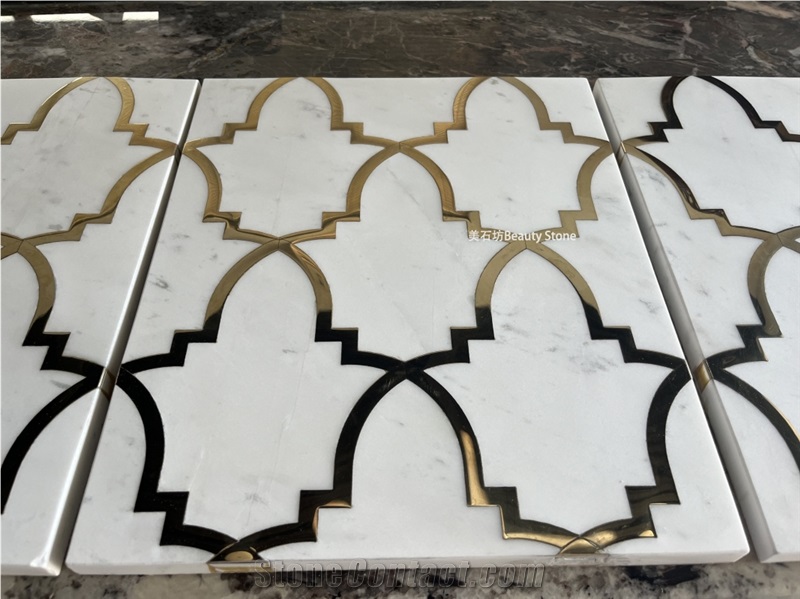 Ariston White Marble Inlay Brass Waterjet Medallions Pattern Wall Tile