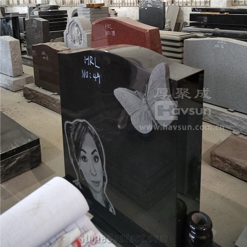 Carved Butterfly Headstone With Laser Etched Image