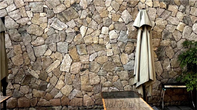 Yellow Granite Flagstone Wall, Split Face Wall Stone
