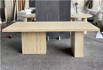 Rectangular Beige Travertine Dining Room Table