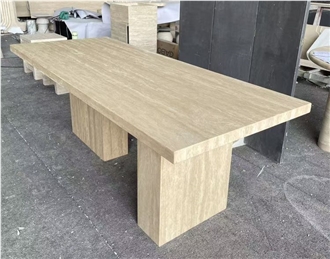 Rectangular Beige Travertine Dining Room Table